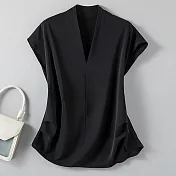 【MsMore】 原創設計無袖雪紡衫寬鬆顯瘦V領純色短版上衣# 118355 L 黑色