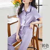 【初色】翻領單排直扣短袖上衣+高腰鬆緊褶皺設計長褲-紫色-68698(M-2XL可選) 2XL 紫色