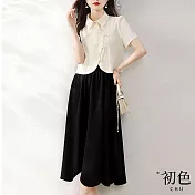 【初色】翻領中國唐風針織衫短袖上衣+A字素色荷葉半身裙-白黑色-68642(M-2XL可選) 2XL 白黑色