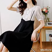 【MsMore】 元氣少女感假兩件吊帶短袖連身裙氣質娃娃領中長版洋裝# 118450 M 黑色