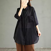 【ACheter】 大碼日系棉麻感七分袖襯衫設計法式甜美長版罩衫百搭上衣# 118406 M 黑色