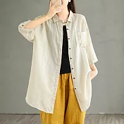 【ACheter】 大碼日系棉麻感七分袖襯衫設計法式甜美長版罩衫百搭上衣# 118406 XL 杏色