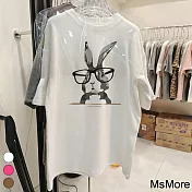 【MsMore】 眼鏡時尚兔圓領棉大碼短袖T恤寬鬆短版上衣# 118452 4XL 白色