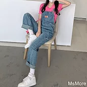 【MsMore】 大碼時髦設計感工裝連身牛仔長褲高腰寬鬆百搭連身褲# 118495 2XL 藍色