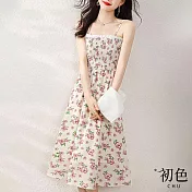 【初色】氣質文藝碎花高腰顯瘦無袖A自裙吊帶裙洋裝-白色-68668(M-2XL可選) M 白色