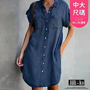 【Jilli~ko】襯衫領短袖修身中長款牛仔連衣裙 516  FREE 深藍色