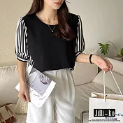 【Jilli~ko】條紋燈籠袖拼接後寬鬆設計款上衣 J10209 FREE 黑色