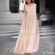 【ACheter】 天絲質感涼感水波紋粉條紋背心連身裙圓領顯瘦長裙洋裝# 118534 XL 粉紅色