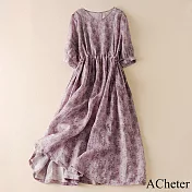 【ACheter】 蘆麻感寬鬆圓領五分短袖連身裙顯瘦薰衣草紫印花長版洋裝# 118535 2XL 紫色