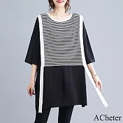 【ACheter】 黑白條紋拼接圓領七分袖寬鬆顯瘦中長上衣# 118562 FREE 黑白色