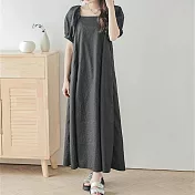 【ACheter】 慵懶風簡約壓花連身裙領口壓褶泡泡短袖長版寬鬆洋裝# 118578 FREE 黑色