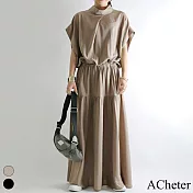 【ACheter】 短袖日系收腰氣質寬鬆立領長版連身裙洋裝# 118591 L 卡其色