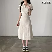 【AMIEE】復古POLO領撞色顯瘦連身裙(2色/L-XL/KDDY-9082) XL 杏色