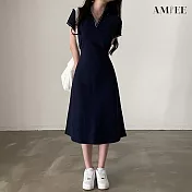 【AMIEE】復古POLO領撞色顯瘦連身裙(2色/L-XL/KDDY-9082) XL 藏藍