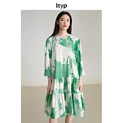 ltyp旅途原品 100%棉時尚休閒潑墨印花大裙擺泡泡袖連衣裙 M  M 綠白色