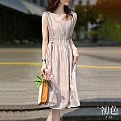【初色】素色拼接荷葉裙綁帶收腰方領無袖背心連身裙中長裙洋裝-裸粉色-68846(M-2XL可選) M 裸粉色