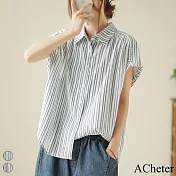 【ACheter】 棉麻藍色海岸線條紋小飛袖襯衫短袖短版上衣# 118783 2XL 黑色