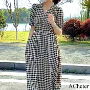 【ACheter】 黑白格子棉麻感連身裙短袖長V領長版洋裝# 118791 2XL 黑白色