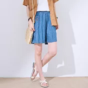 【慢。生活】鬆緊腰刺繡小花寬版牛仔短褲 15966 FREE 藍色