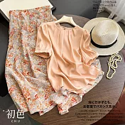 【初色】純色壓摺短袖T恤上衣+碎花中長裙半身裙兩件式套裝-粉色-68825(M-2XL可選) 2XL 粉色