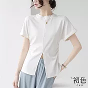 【初色】時尚簡約收腰下擺開衩純色圓領短袖T恤上衣-共2色-68874(M-2XL可選) L 白色