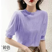 【初色】純色百搭鏤空菱格半高圓領泡泡袖五分袖短袖T恤針織衫上衣-共6色-68852(F可選) F 紫色
