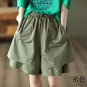 【初色】寬鬆休閒鬆緊帶雙層闊腿寬褲大口袋五分短褲-共3色-68701(M-2XL可選) M 綠色