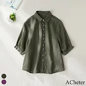 【ACheter】 文藝休閒減齡寬鬆顯瘦純色襯衫棉麻感上衣短袖# 118733 XL 綠色