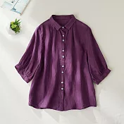 【ACheter】 文藝休閒減齡寬鬆顯瘦純色襯衫棉麻感上衣短袖# 118733 M 紫色