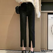【MsMore】 黑色開叉牛仔褲學院風顯瘦彈力小個子九分煙管褲# 118736 M 黑色