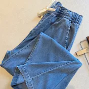 【MsMore】 純棉牛仔褲高腰直筒闊腿褲大碼厚款長褲# 118739 3XL 深藍色