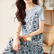 【MsMore】 假兩件短袖雪紡連身裙寬鬆顯瘦減齡碎花拼接吊帶中長洋裝# 118774 2XL 藍色