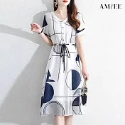 【AMIEE】幾何印花收腰綁帶連身洋裝(幾何/S-2XL/KDDY-8605) L 幾何