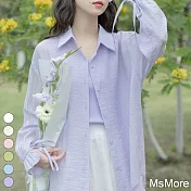 【MsMore】 雪紡蝴蝶結長袖襯衫寬鬆空調外套防曬亮麗中長上衣# 118821 XL 藍色