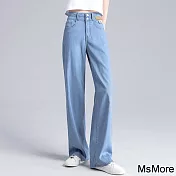 【MsMore】 牛仔褲直筒寬鬆天絲感高腰垂感闊腿褲舒適顯瘦拖地長褲# 118897 S 藍色