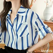 【MsMore】 藍色條紋襯衫薄款垂感抗皺寬鬆長袖短版上衣# 118968 M 藍色