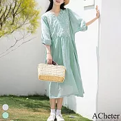 【ACheter】 棉麻感短袖連身裙刺繡寬鬆高腰垂感棉麻中長版洋裝# 119012 M 藍色