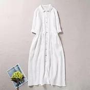 【ACheter】 復古文藝連身裙長版棉麻感長袖寬鬆顯瘦刺繡大擺裙襯衫洋裝# 119025 M 白色