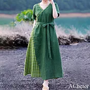 【ACheter】 綠色V領斜襟格紋拼接復古文藝短袖棉麻連身裙長版洋裝# 119052 M 綠色