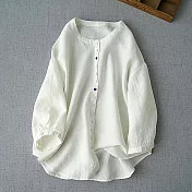 【ACheter】 圓領寬鬆水洗亞九分袖襯衫日系純色舒適文藝短版上衣# 119022 L 白色