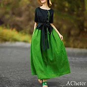 【ACheter】 民族風棉麻連身裙旅遊文藝復古撞色顯瘦氣質短袖長裙洋裝# 119048 M 綠色