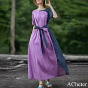 【ACheter】 民族風棉麻連身裙文藝復古個性拼接短袖長裙洋裝# 119054 M 紫色