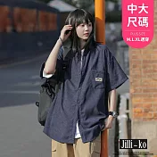 【Jilli~ko】日系街頭休閒寬鬆中性落肩短袖襯衫 J10916  FREE 深藍色