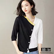 【Jilli~ko】撞色造型薄款冰絲斜邊開襟針織衫 J10287 FREE 黑色