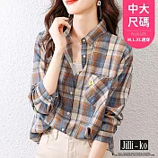 【Jilli~ko】方塊笑臉貼布繡配色格子寬鬆襯衫 J10936 FREE 藍色