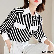 【MsMore】 OL拼接設計黑白條紋長袖襯衫短版上衣# 118707 L 條紋色