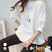 【Lockers 木櫃】秋季中長款寬鬆泡泡袖上衣 L112082106 L 白色L