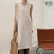 【初色】韓版復古純色簡約棉麻寬鬆開衩無袖V領背心裙洋裝-共3色-68673(F可選) F 杏色