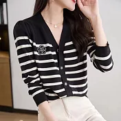 【MsMore】 小香風薄款條紋V領開衫百搭顯瘦長袖針織短版小外罩# 118911 FREE 黑色