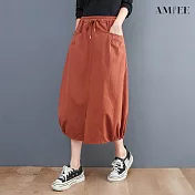 【AMIEE】鬆緊綁帶多口袋直筒長裙(2色/M-2XL/KDSQ-8229) 2XL 桔色